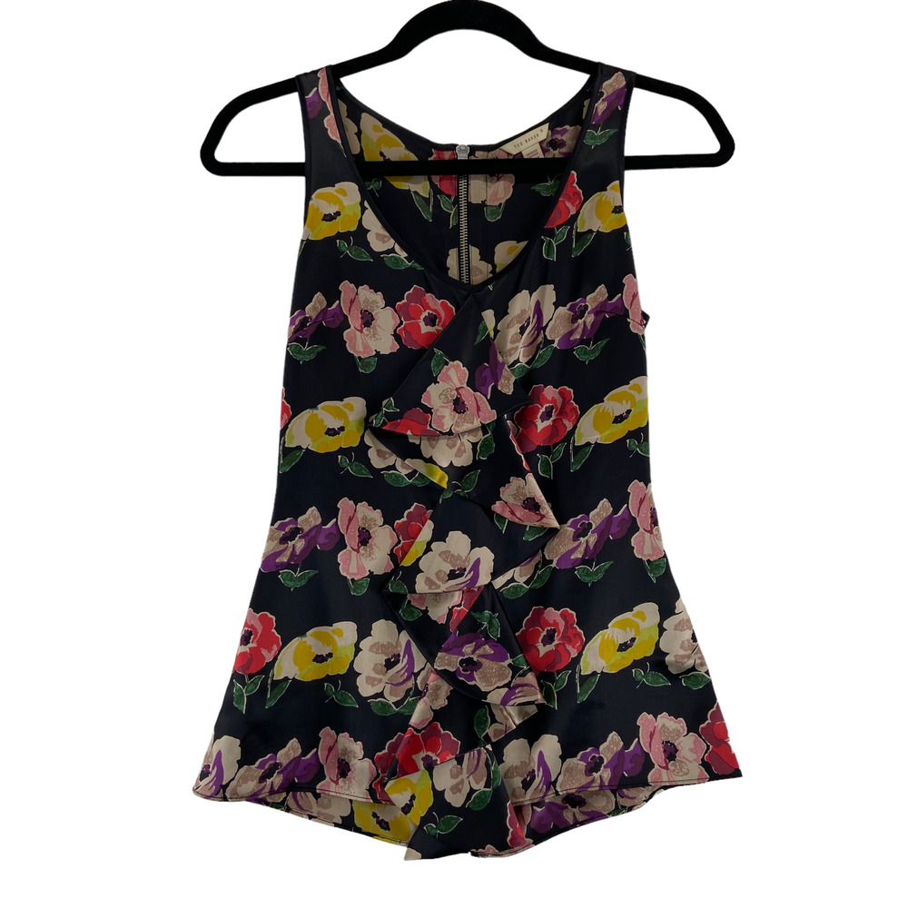 Ted Baker Silk Floral Tank Top Exposed Zipper Sz‎ 0 = 2